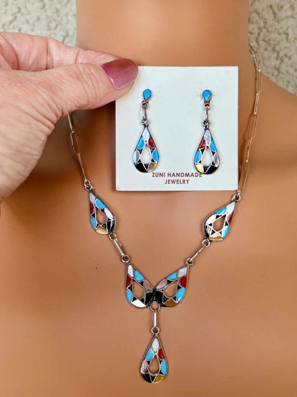 Emma Bowakaty Signed Sterling Silver Multi-Stone Inlay Earring & Necklace Set